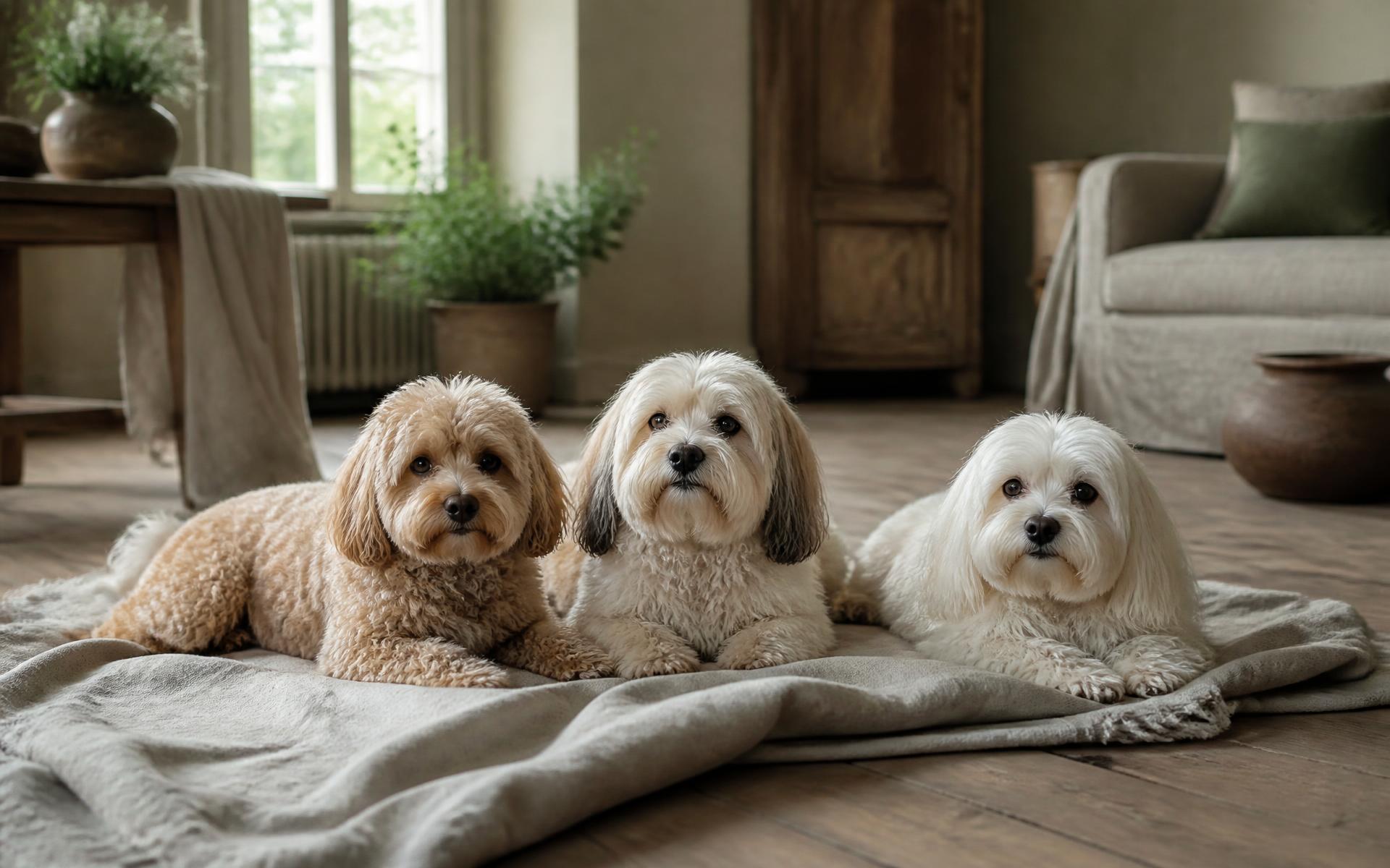 Drei kleine Hunde liegen auf einer Leinendecke in einem hellen Wohnraum